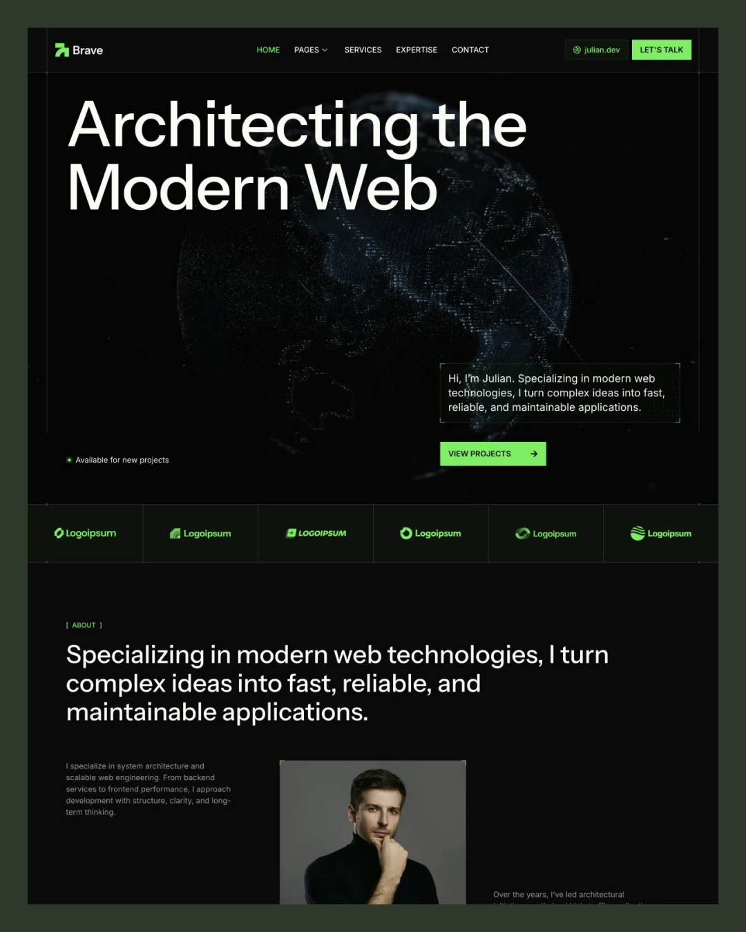 Brave - Web Developer Portfolio Elementor Template Kit